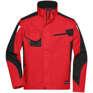 A red and black work jacket featuring multiple pockets and a logo, designed for durability and functionality.