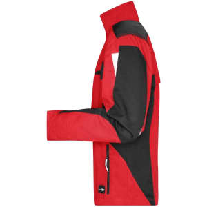 A red and black workwear jacket with a modern design and a logo on it.