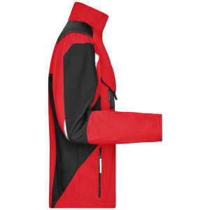 A red and black workwear jacket with a zippered front and a logo, featuring a high collar and an angled design.