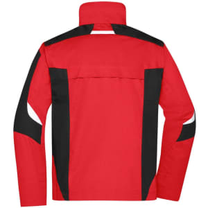 A red workwear jacket featuring black accents and a high collar, designed for durability and style.