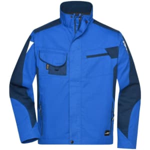 A blue workwear jacket featuring a zip-up front, multiple pockets, and contrasting navy sleeves.
