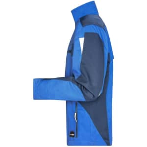 A blue workwear jacket featuring a navy accent, designed with a modern, functional style and a logo.