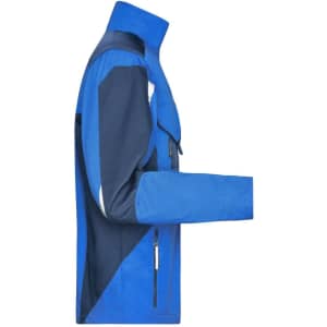A blue and navy workwear jacket with a zip, featuring a design that includes contrasting panels and a logo.