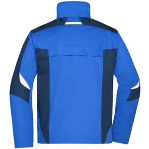 A blue workwear jacket featuring navy accents and a logo on the back.