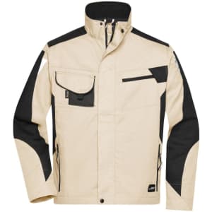 A beige and black workwear jacket featuring multiple pockets and a branded logo.