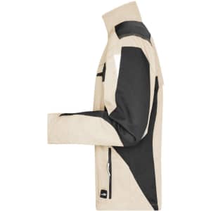 A workwear jacket in beige and black with a modern design, featuring pockets and a logo.
