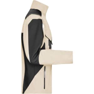 A workwear jacket featuring a beige body with black accents and a full-length sleeve design. It has a logo on it.