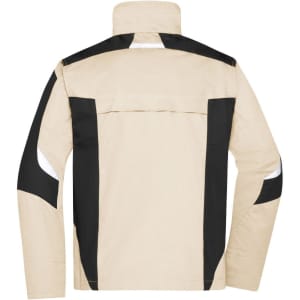 A beige and black workwear jacket featuring contrasting panels and a high collar, with a logo on the back.