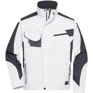 A white and grey workwear jacket with multiple pockets and a high collar. It features a logo on the front.