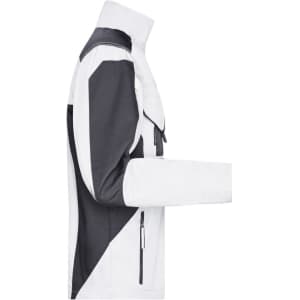 A workwear jacket in white and black, featuring a zip closure and a branding logo.