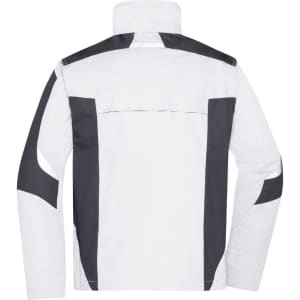 A white work jacket with black accents, featuring a high collar and contrasting panel design on the back.