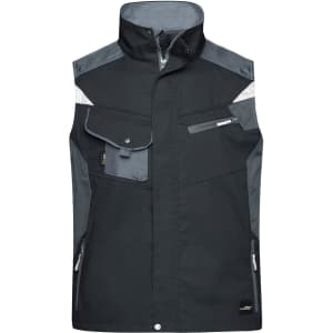 A black work vest with grey accents, featuring multiple pockets and a zip front. It has a branded logo.
