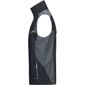 A sleeveless workwear vest in black and grey, featuring multiple pockets and a logo.