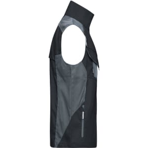 A black workwear vest featuring a sleeveless design and a grey panel, with a zipped pocket and a logo.