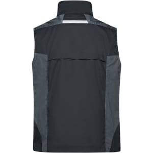 A black workwear vest featuring grey accents, with a high collar and no sleeves. It includes a logo on the back.