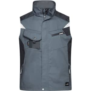 A grey workwear vest featuring black accents, pockets, and a logo. Ideal for various work environments.