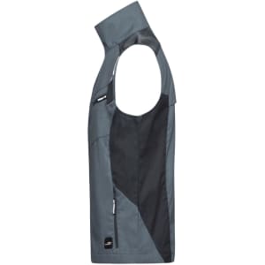 A workwear vest in grey and black, featuring a sleeveless design and a logo on the front.