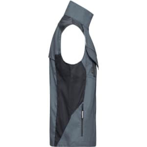 A grey and black work vest with a sleeveless design and a high collar, featuring a logo on the front.