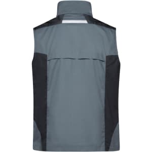 A grey workwear vest featuring black side panels and a high collar, with a logo on the back.