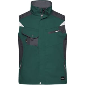 A green and grey work vest featuring multiple pockets and a high collar. Includes a logo on the front.