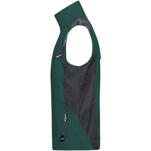 A green and grey sleeveless work vest featuring a side zip pocket and a logo.