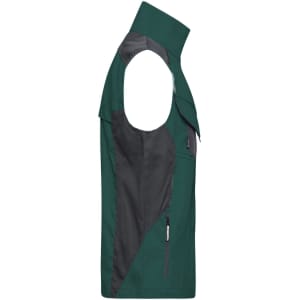 A green and grey workwear vest featuring a sleeveless design and multiple pockets.