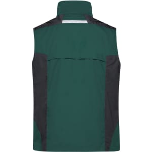 A green and black workwear vest featuring a high collar and a reflective panel on the back. Includes a logo.