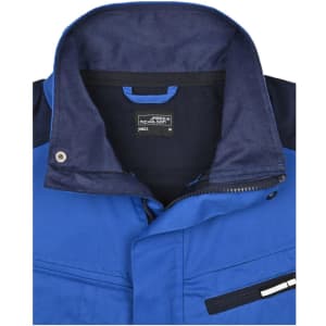 A blue work vest with a navy collar, featuring a front zip and snap buttons, and a pocket detail.