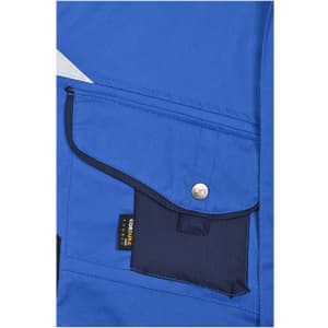 A blue workwear vest featuring a pocket and a logo, with reflective detailing for visibility.