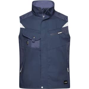 A navy workwear vest featuring multiple pockets and a high collar, designed for practicality and comfort.