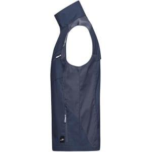 A navy work vest featuring a sleeveless design, zippered pockets, and an incorporated logo.