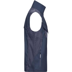 A navy workwear vest featuring sleeveless design, zippered pockets, and a high collar. It has a branding logo.