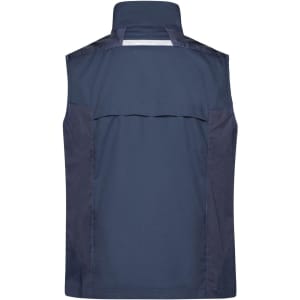 A navy work vest featuring a high collar and a back flap for ventilation, with a logo present.