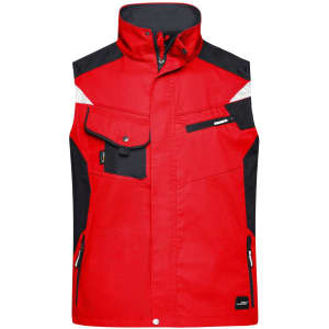 A red and black workwear vest featuring multiple pockets and a zip-up front, with a logo on the design.