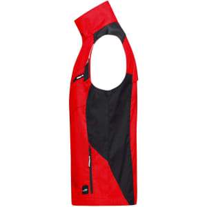 A red and black workwear vest features a sleeveless design and a side zip pocket, with a logo on it.