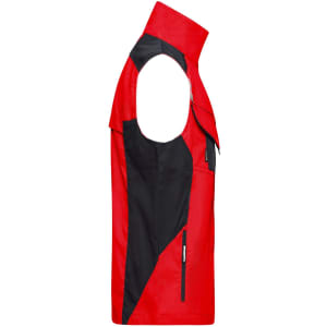 A red and black work vest featuring sleeveless design and multiple zippered pockets, along with a branding logo.
