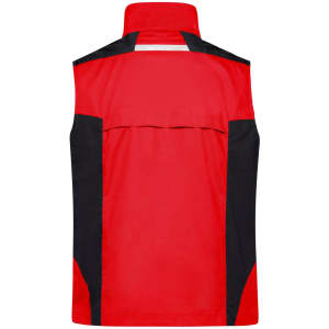 A red workwear vest with black accents and a reflective panel on the back. It features a logo on the front.