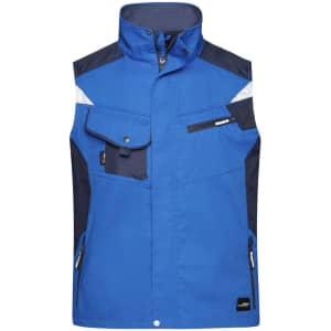 A blue workwear vest featuring multiple pockets and a high collar. It includes a logo on the front.
