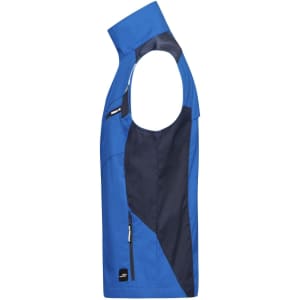 A blue work vest with navy accents, featuring a zip pocket and a sleeveless design. It includes a logo.