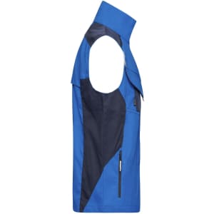 A blue workwear vest with a navy panel on the side, featuring an armhole design and a logo.