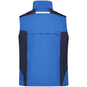 A blue work vest features navy panels and a collar, with a logo on the back.