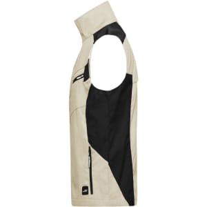 A beige workwear vest with black accents and a zippered pocket, featuring a logo on the front.