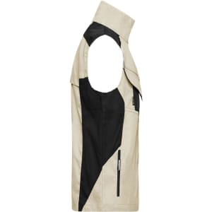 A workwear vest in beige and black, featuring a sleeveless design and multiple pockets. It has a logo present.