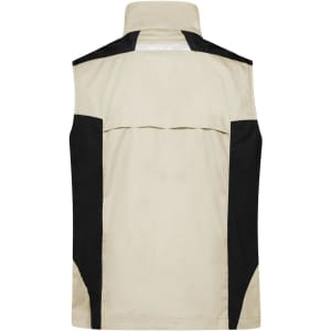 A workwear vest in cream and black, featuring contrasting panels and a collar. It includes a logo on the chest area.