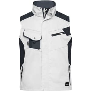 A workwear vest in white with navy accents, featuring multiple pockets and a logo on the front.