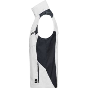 A workwear vest in white with black accents and a zippered pocket, featuring a logo on the front.