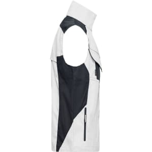 A workwear vest in light grey and navy, featuring a sleeveless design and multiple pocket options.
