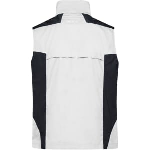 A workwear vest in white, featuring black accents on the shoulders and sides, with a high collar.