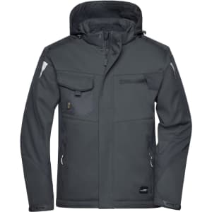 A grey softshell jacket featuring multiple pockets and a hood, with branding present on the garment.
