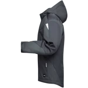A grey softshell jacket displayed from the side, featuring a hood and a branded logo.